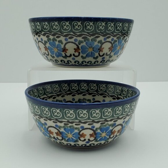 Polish Pottery Unikat Dessert Bowls Trinket Dishes Blue Flowers Green Accents - Picture 2 of 10
